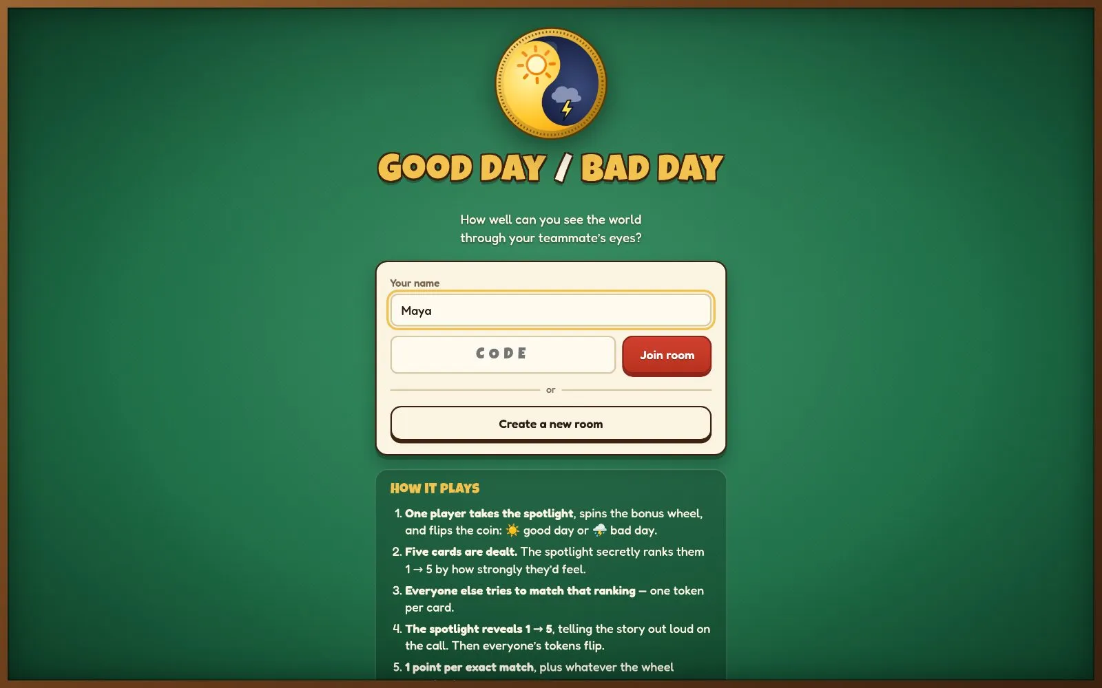 The Good Day / Bad Day home screen: a sun-and-storm coin, a name box, a room-code box with Join room, and a how-it-plays list