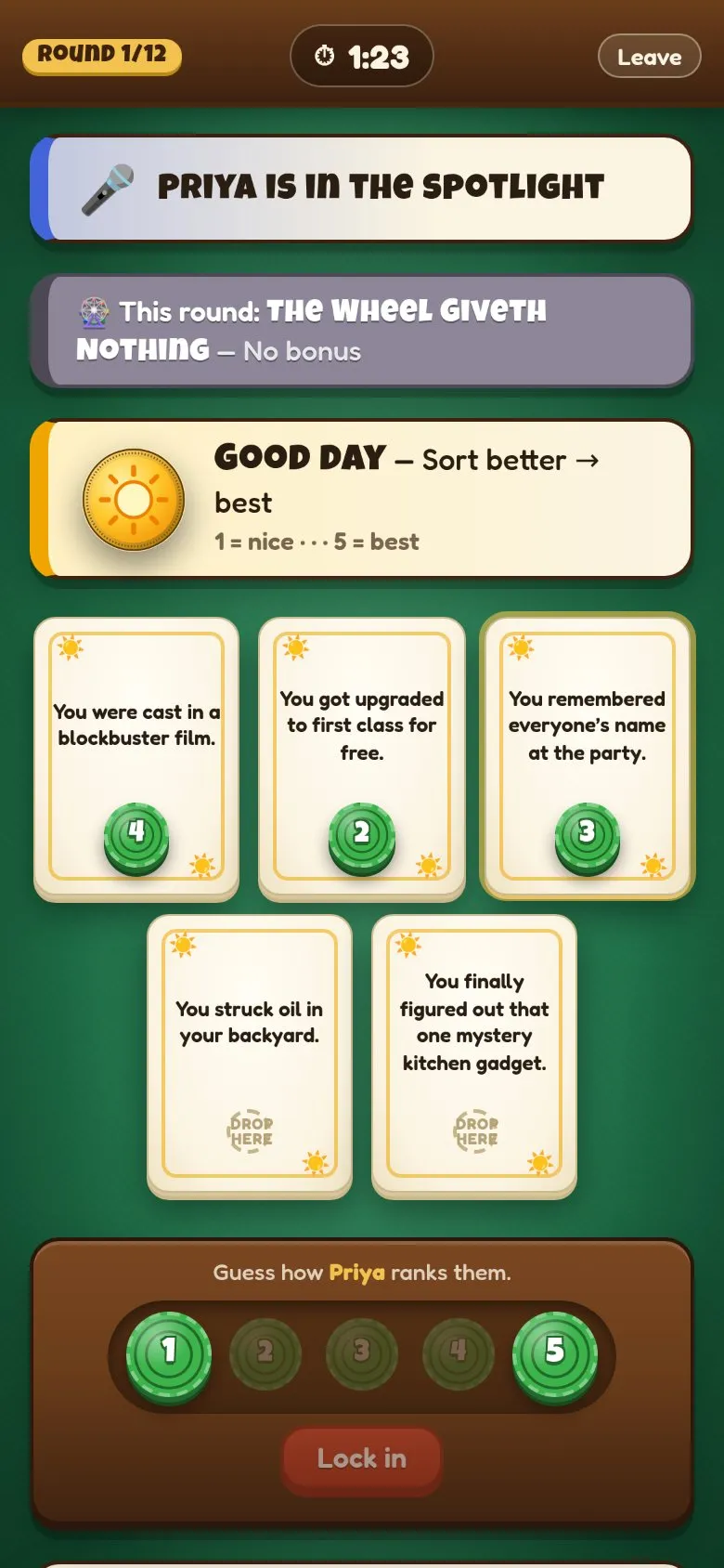 A Good Day round on a phone: guessing how Priya ranks five lucky breaks, from being cast in a blockbuster to striking oil, with numbered poker chips