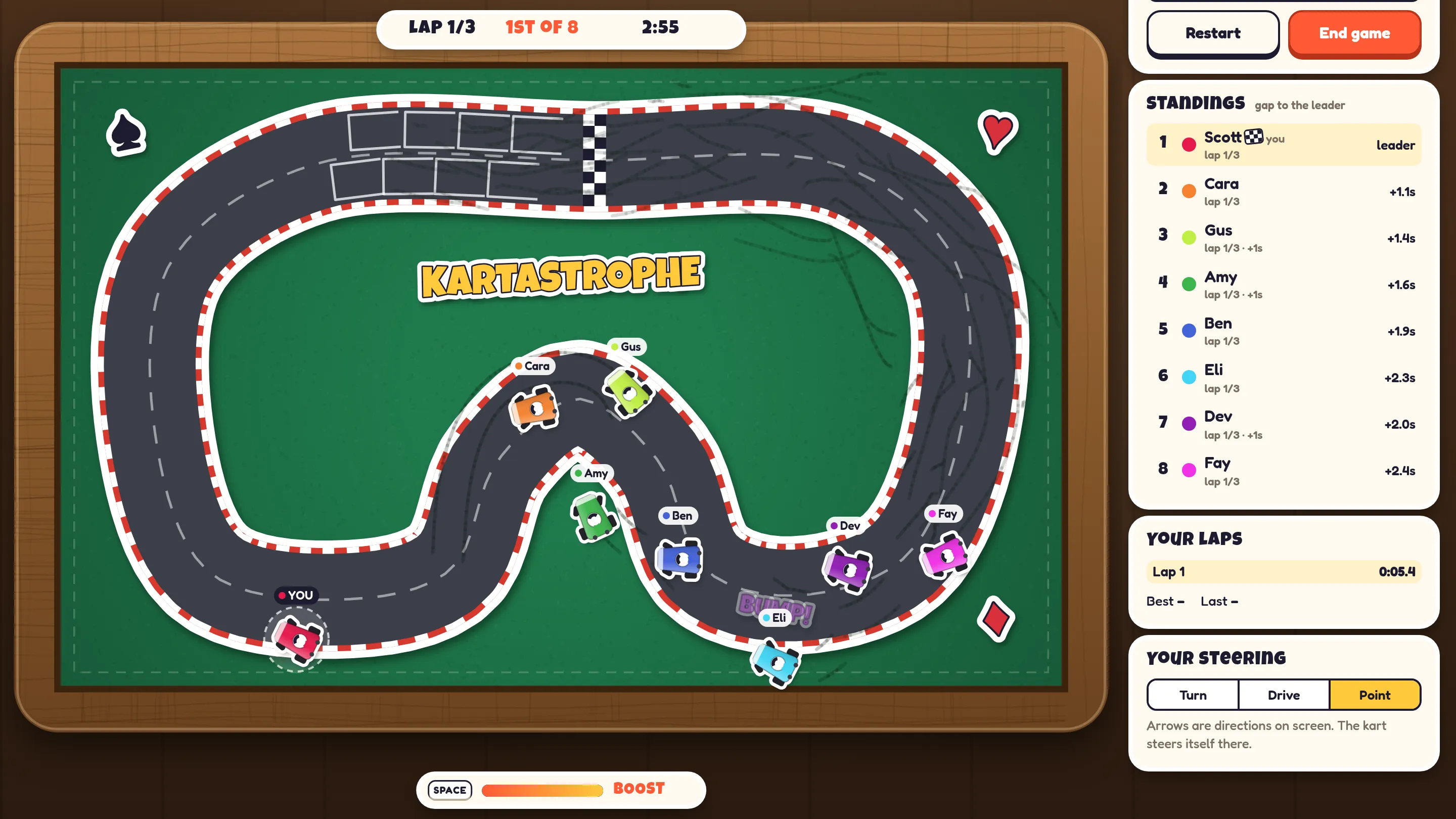 Eight sticker karts racing around the Tabletop Circuit on a green card-table felt, with live standings and lap times beside the track