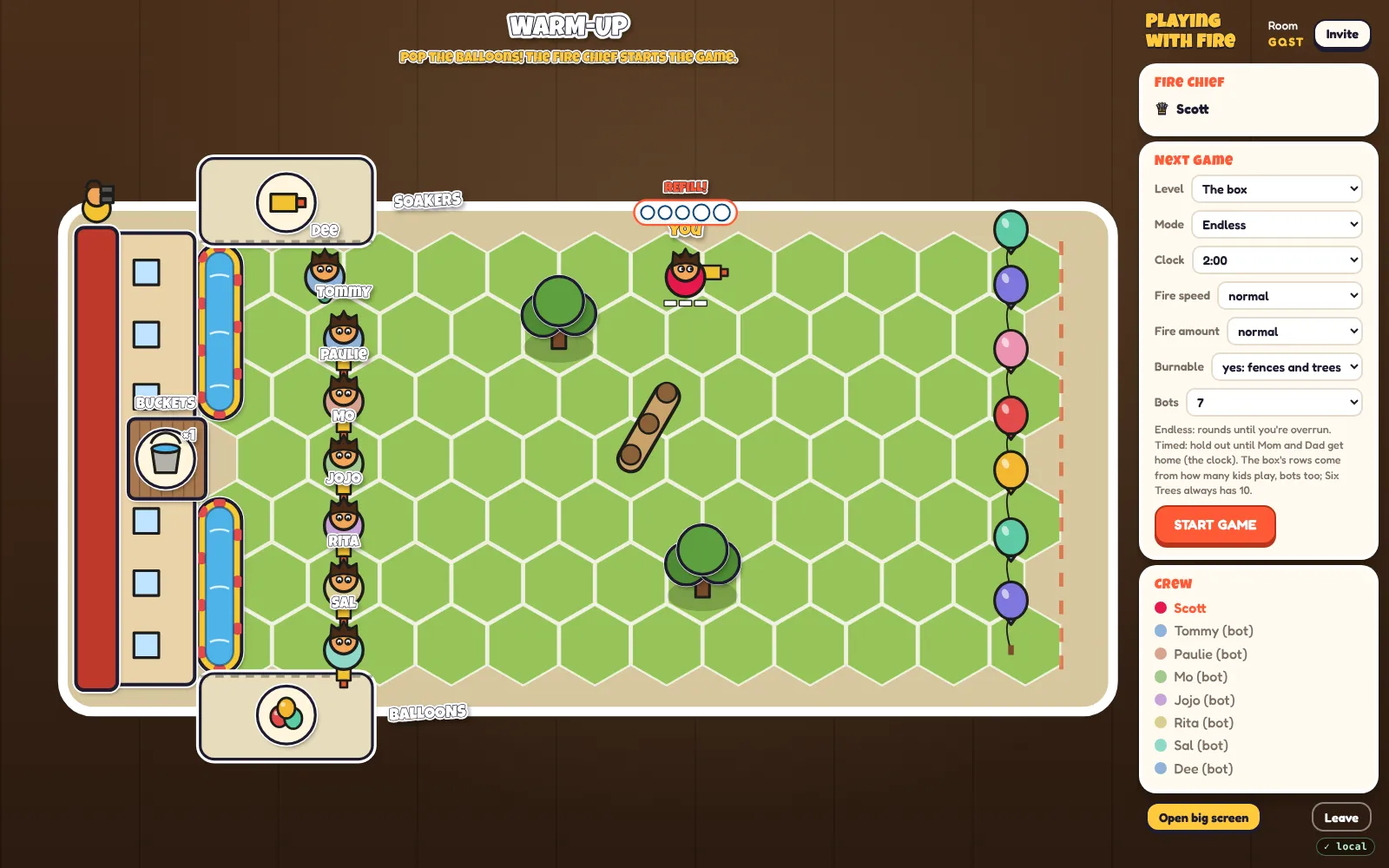 The warm-up before a game: a row of kids by the house wall, fair balloons tied up along the far side of the yard to pop, and the Fire Chief's panel for picking the level and starting the game