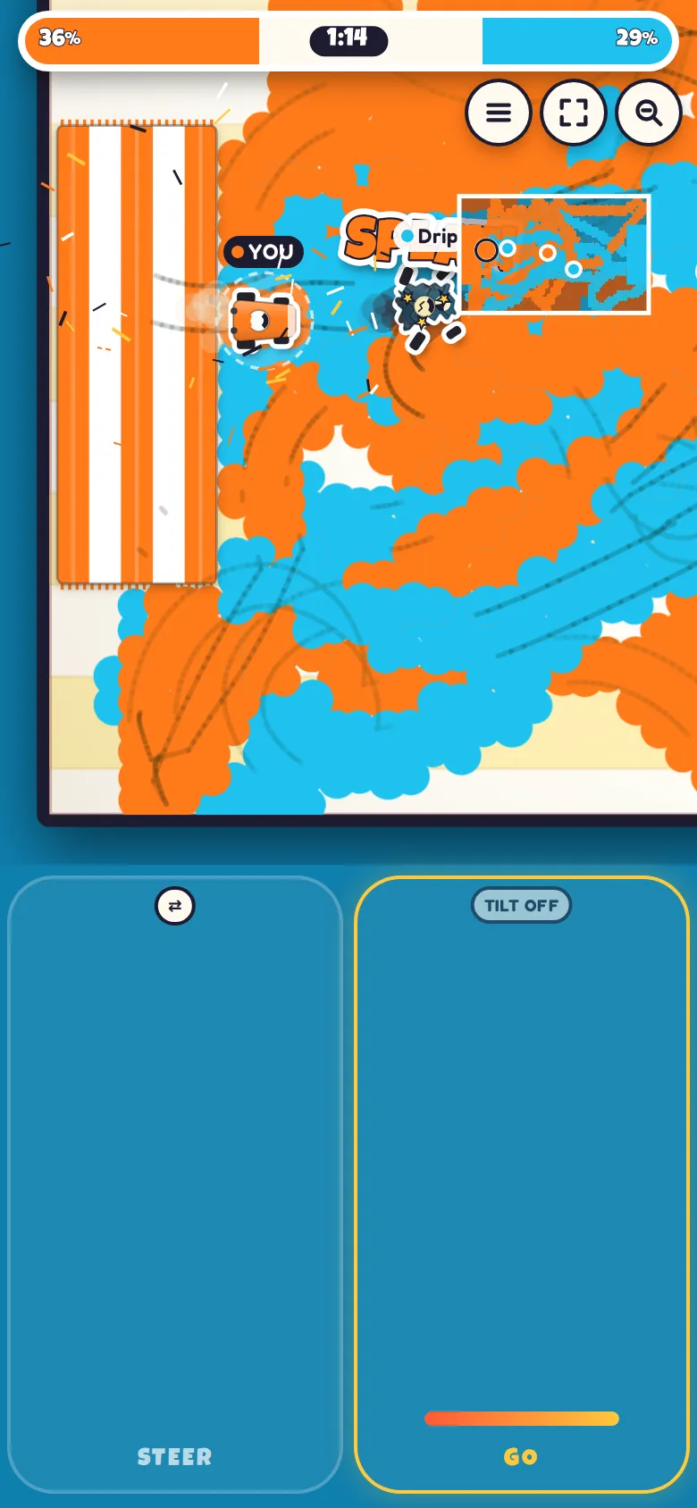 Splash Derby on a phone held upright, zoomed in on your kart beside a crumpled, smoking wreck, with STEER and GO thumb strips below