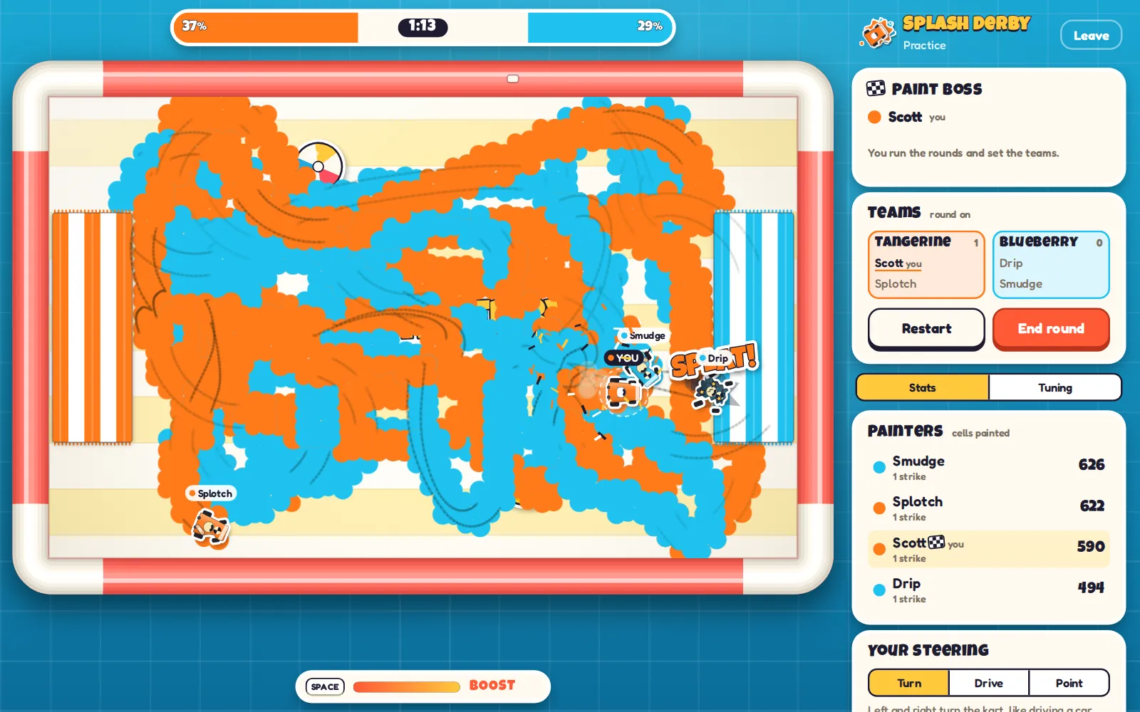 Orange and blue paint swirled across a striped pool-float table, a knocked-out blue kart smoking under a SPLAT!, and the painters' scores beside it