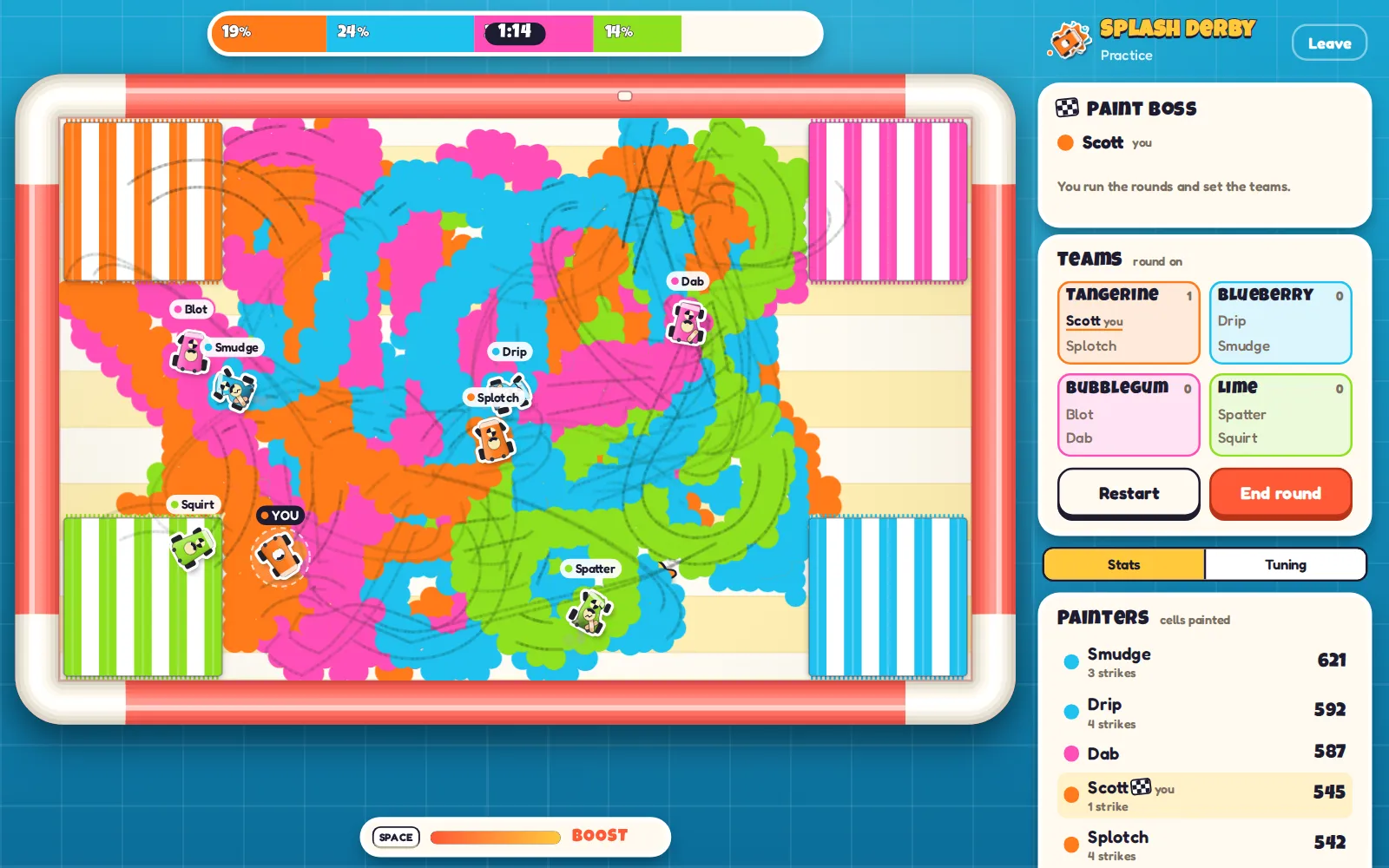 Four teams of karts painting orange, blue, pink and green out from beach towels in each corner of the table, with a tug-of-war score bar across the top