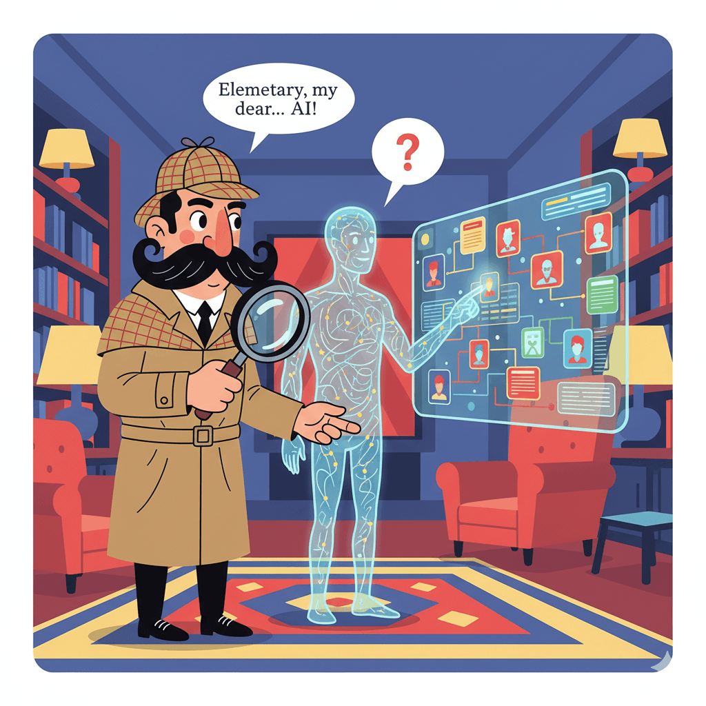 A detective interacts with a digital AI figure displaying a complex web of connections and profiles