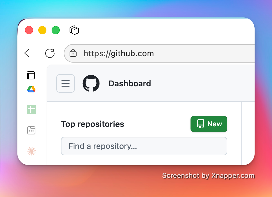 A web browser shows a GitHub dashboard with a search bar and a New button under Top repositories